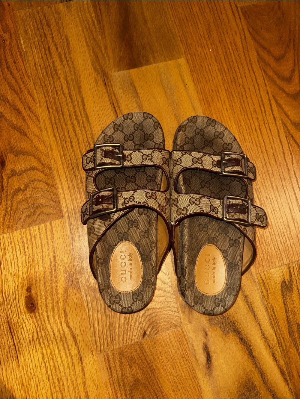 Gucci Brown Monogram Double-Buckle Slide Sandals